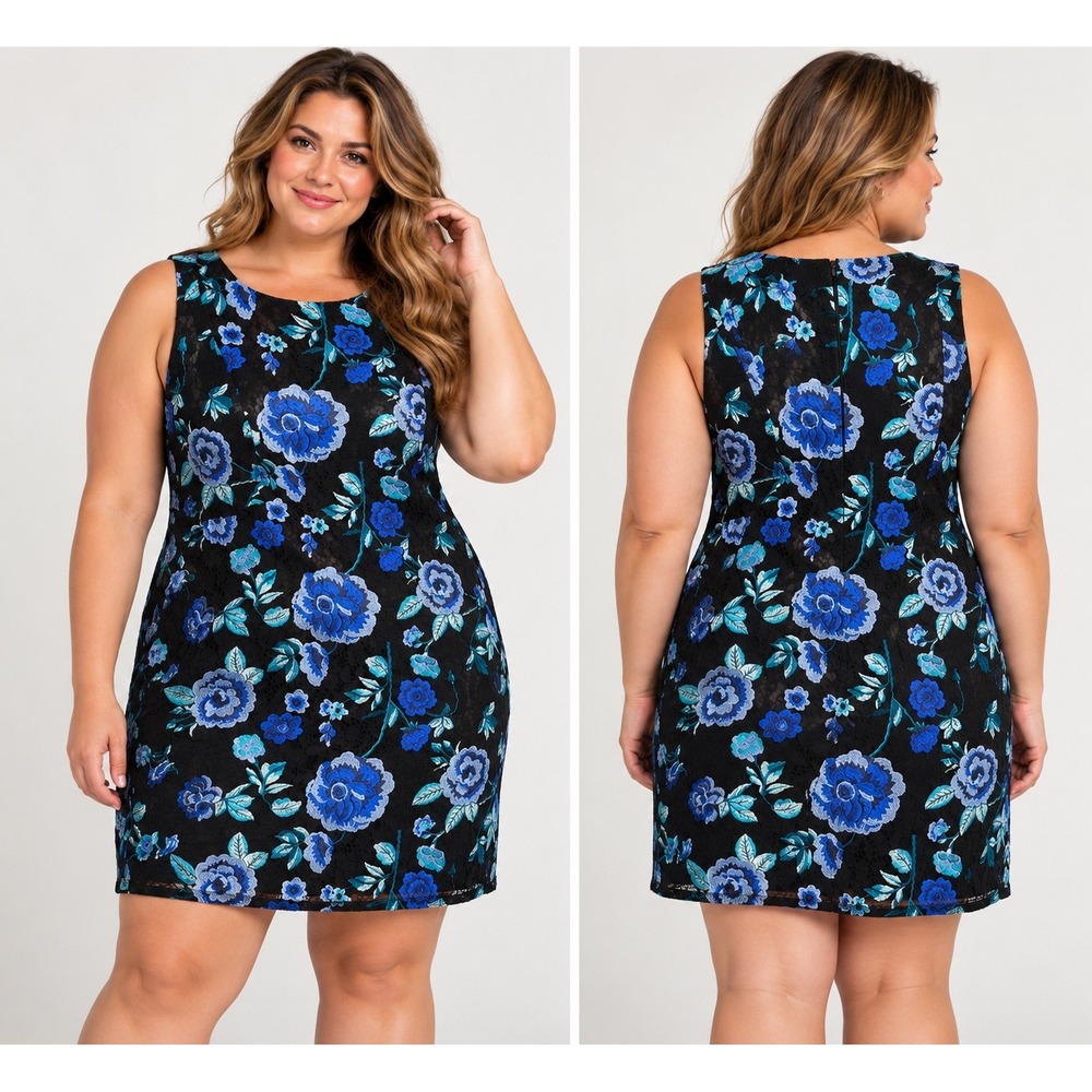 Eliza J Womens 18W Black Lace Blue Floral Embroidered Shift Dress Whimsigoth XL